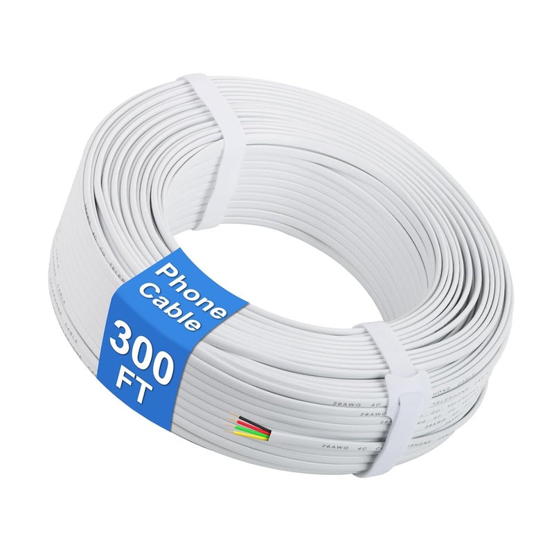 Uvital كابل هاتف، 300 قدم سلك تمديد هاتف أبيض مع سلك نحاسي صلب 4-نواة، 4x1/0.4 مم 26 AWG، كابل خط هاتف مسطح متوافق مع مقبس RJ11 للخط الثابت والمودم (100 متر) - Image 1